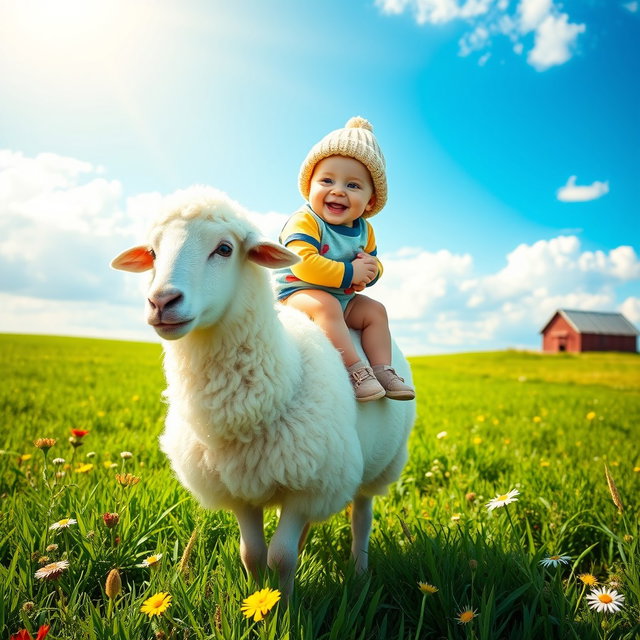 A cute and playful scene depicting a baby boy gleefully riding on the back of a fluffy white sheep in a sunlit green meadow
