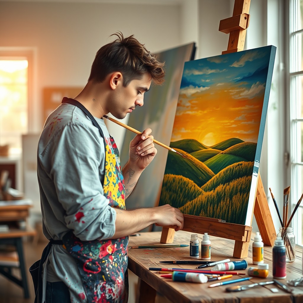 A captivating scene of an artist deeply focused on painting a canvas
