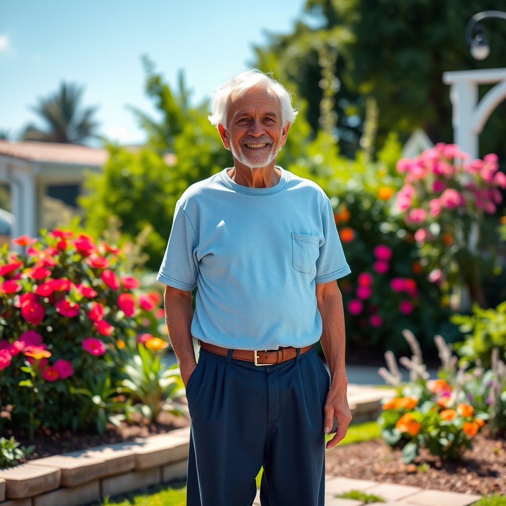 An elderly man with brown skin and white hair, wearing long dark blue pants, a light blue t-shirt, and chocolate brown shoes