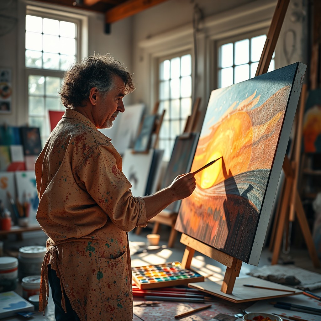 An inspiring scene featuring a painter passionately working on a large canvas in an art studio