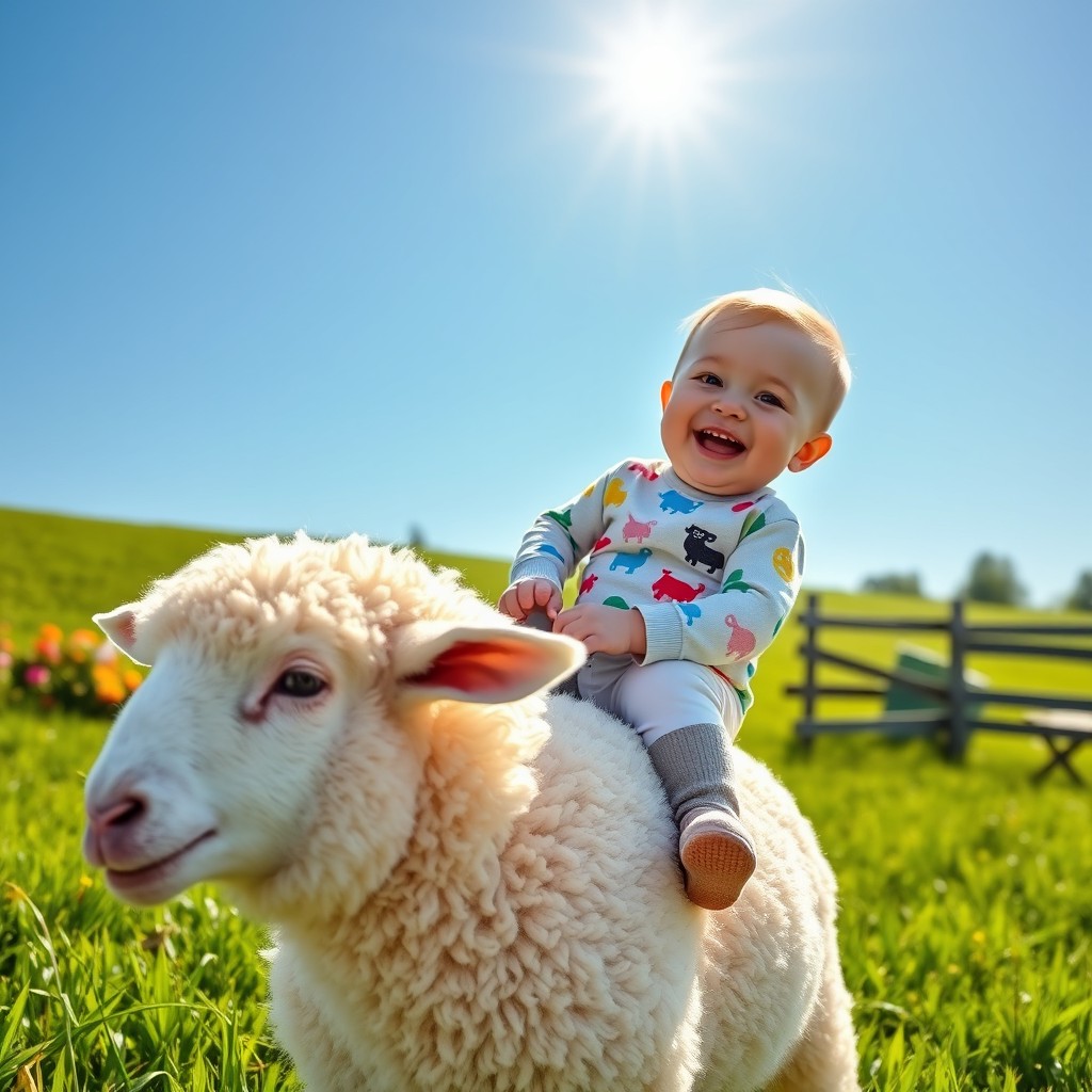 A cute baby boy joyfully riding a fluffy white sheep in a vibrant green field