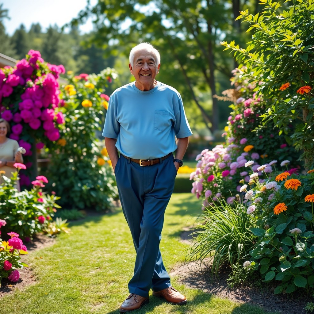 An elderly man with a dark complexion and white hair, wearing long dark blue pants, a light blue t-shirt, and chocolate brown shoes