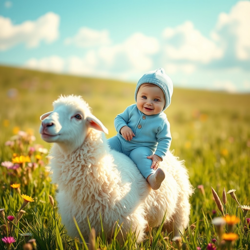 A whimsical scene featuring a baby boy joyfully riding on the back of a fluffy white sheep in a vibrant green meadow