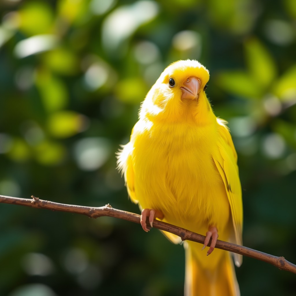 A beautifully detailed close-up of a bright yellow canary with striking black eyes perched gracefully on a slender branch