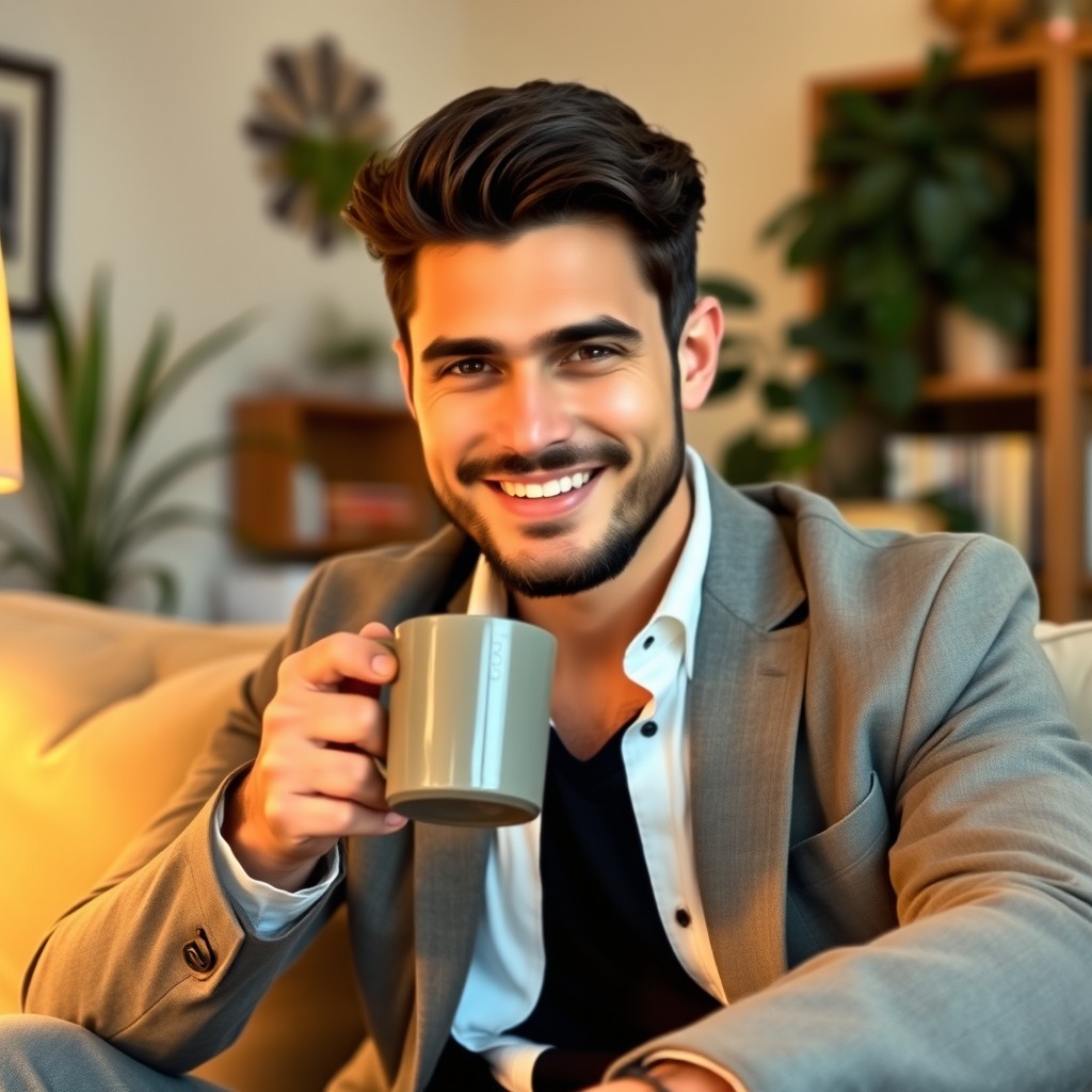 A handsome man with a charming smile and captivating eyes, wearing a smart casual outfit