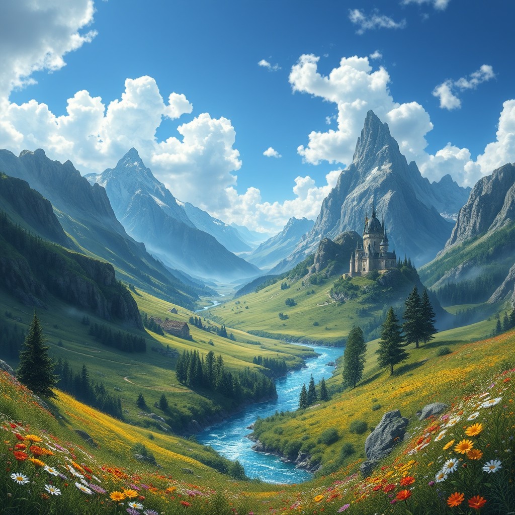 A stunning fantasy landscape with vibrant colors and intricate details featuring a majestic mountain range in the background, lush green valleys below, and a clear blue sky dotted with fluffy white clouds