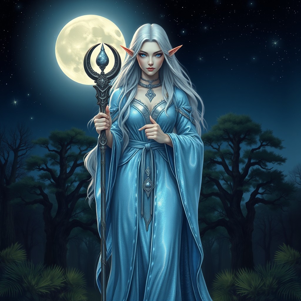 A mystical half-elf woman, representing the cleric of Selune, adorned in shimmering silver and blue robes that reflect moonlight
