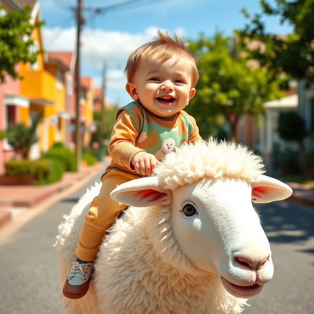 A baby boy joyfully riding on a fluffy white sheep, both smiling happily, on a sunny street lined with colorful houses and green trees