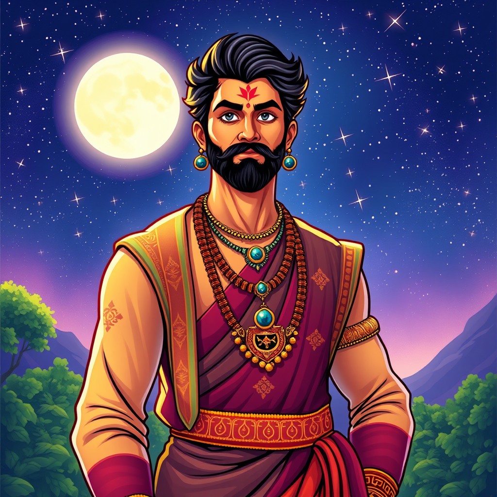 A vibrant and colorful illustration of a man born under the Jayeshta Nakshatra, featuring a confident and wise demeanor