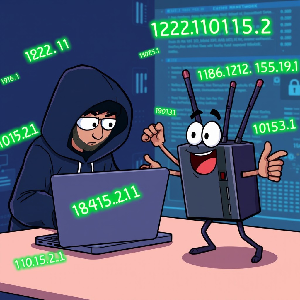 In a playful 16:9 cartoonish scene, a hacker in a dark hoodie is about to breach a network on his laptop
