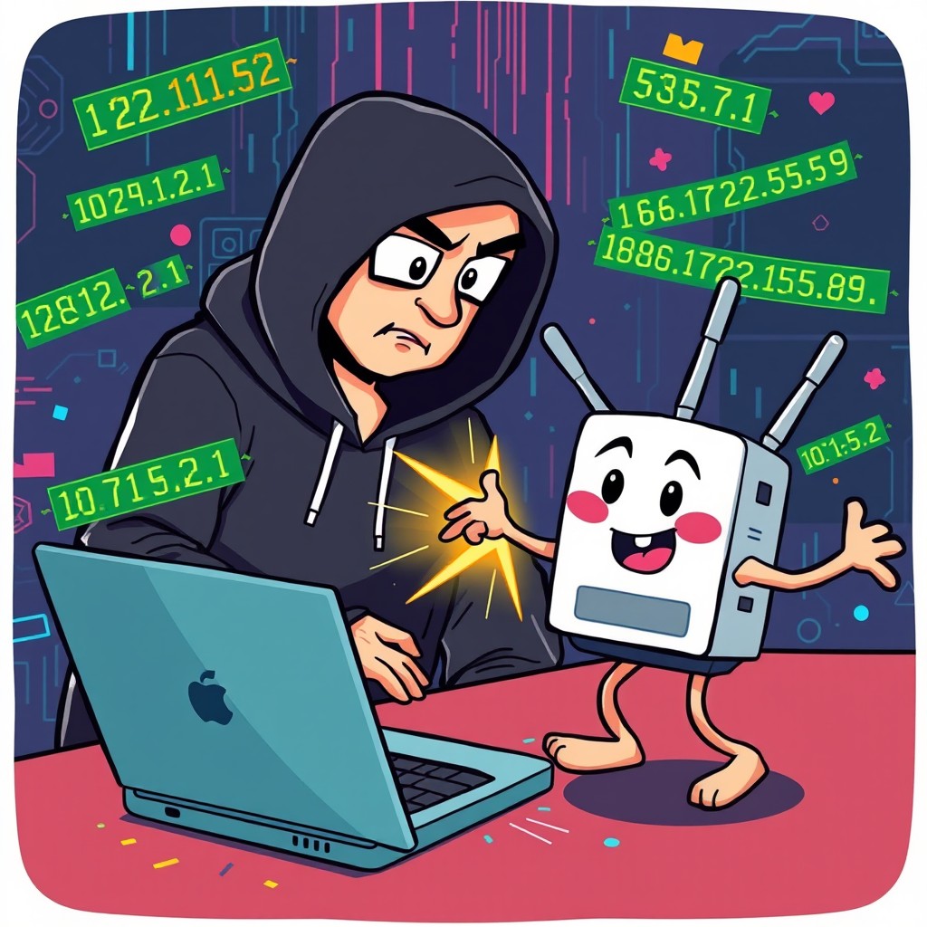 A lively and humorous cartoon scene in a 16:9 aspect ratio, depicting a hacker dressed in a dark hoodie, aggressively focused on his laptop as he attempts to hack into a network