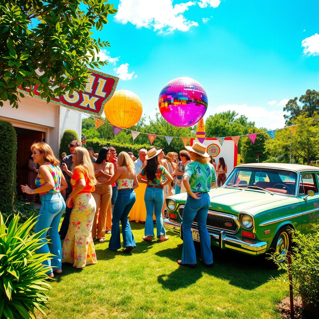 A vibrant and colorful 1970s inspired scene featuring bold patterns and retro fashion
