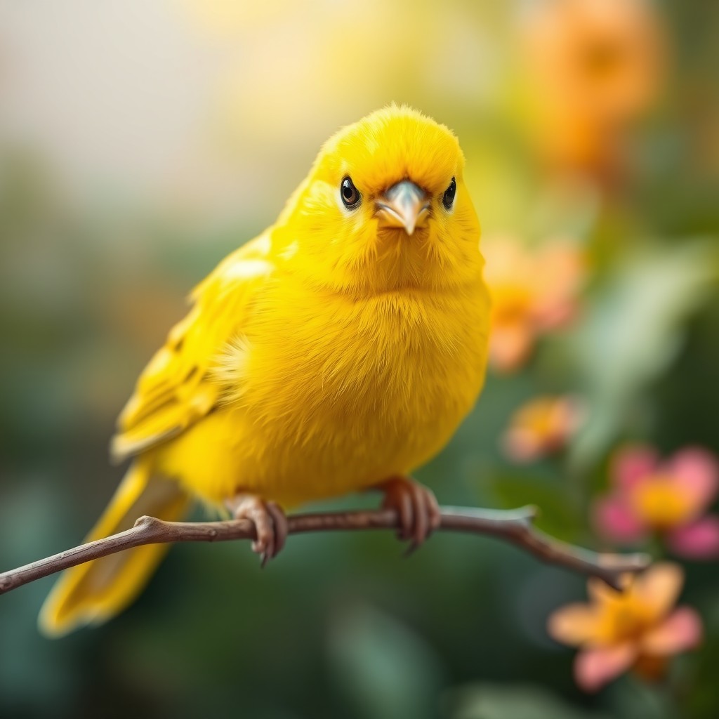 A charming portrait of a vibrant yellow canary with striking black eyes, perched serenely on a delicate branch