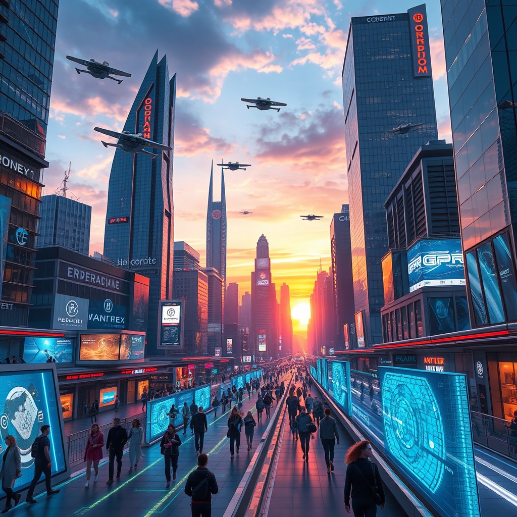 a futuristic cityscape at dusk, bustling with activity featuring sleek skyscrapers made of glass and steel, flying cars zipping through the sky, neon lights illuminating the streets, and diverse groups of people wearing high-tech fashion walking along the holographic displays, with a vibrant sunset in the background reflecting off the buildings, creating a dynamic and colorful atmosphere