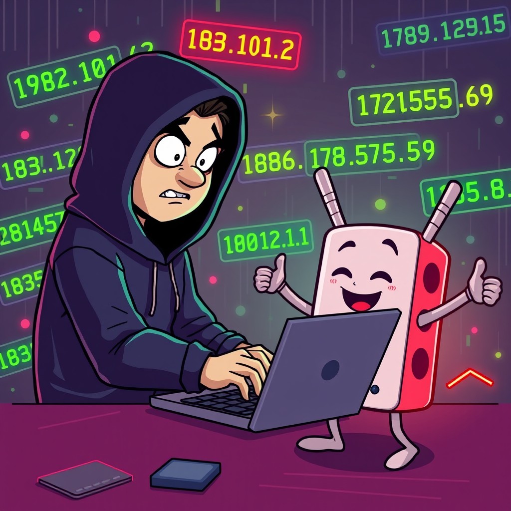 A comical cartoon scene in a 16:9 aspect ratio featuring a hacker in a dark hoodie, furiously typing on his laptop as he attempts to hack into a network