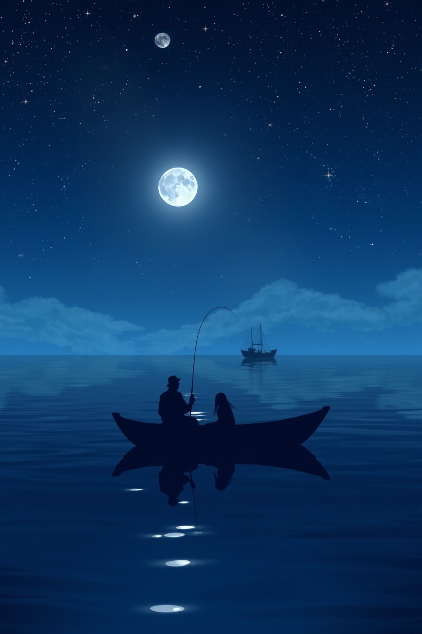 A serene night scene featuring a star-filled moonlight sky reflecting beautifully on the calm ocean