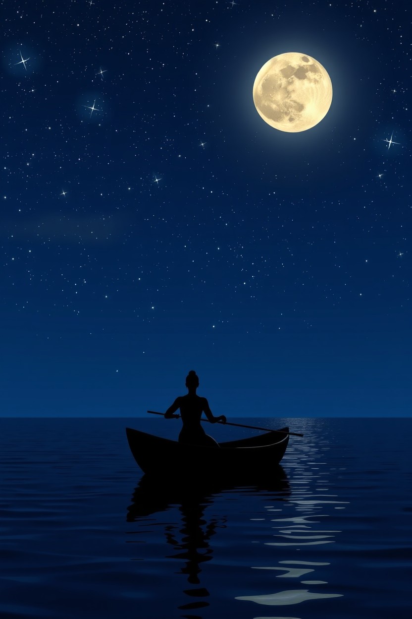 A serene scene featuring a star-filled night sky illuminated by the soft glow of moonlight, reflecting on a calm ocean