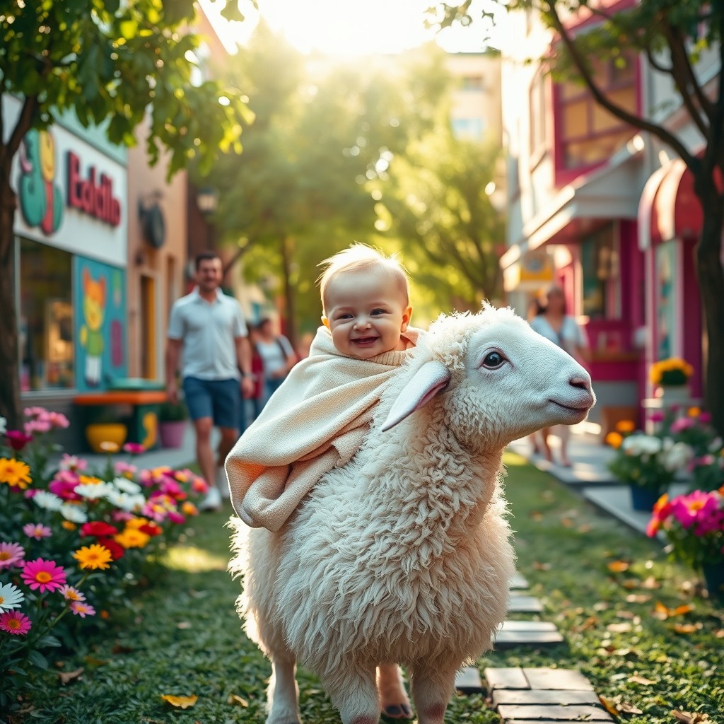 A whimsical scene showing a newborn child riding playfully on a fluffy sheep in a vibrant, lively street