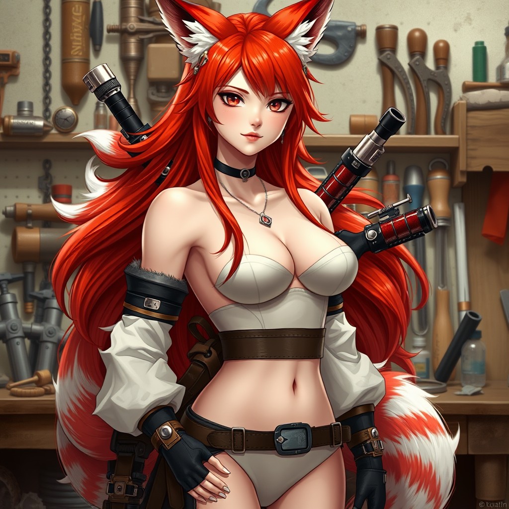 A beautiful female kitsune inventor, showcasing a human head with fox ears and striking long bright red hair