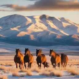 A group of wild horses running free in the prairie with snow-capped mountains in the distance under a vibrant sunset sky.