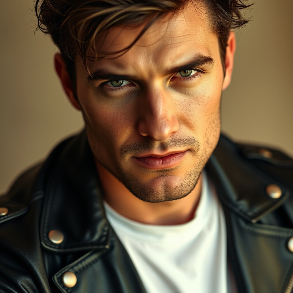 A close-up portrait of a handsome man with a strong jawline and striking features