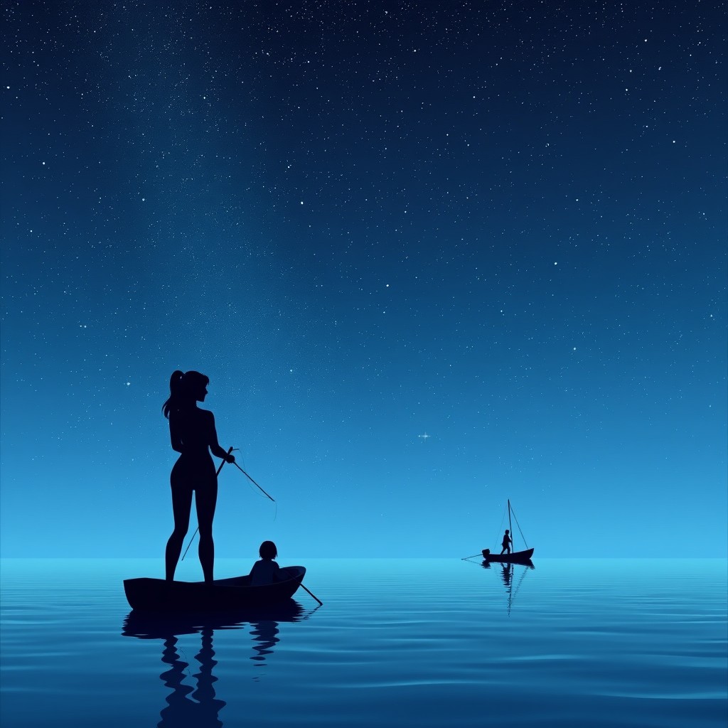 A tranquil scene depicting a vast star-filled sky above a calm ocean, where a single distant rowing boat floats gently on the water
