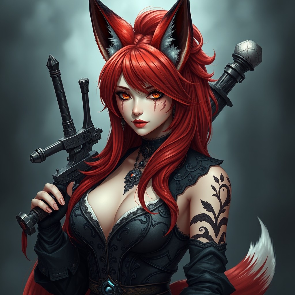 A captivating female kitsune with a gothic inventor aesthetic, showcasing her gunblade strapped to her back
