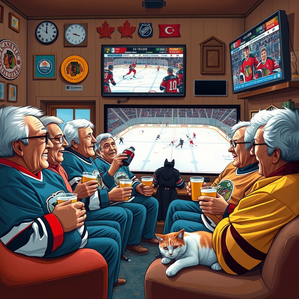 A lively scene featuring a group of cheerful pensioners gathered together in a cozy living room, intently watching a hockey game on a big-screen television