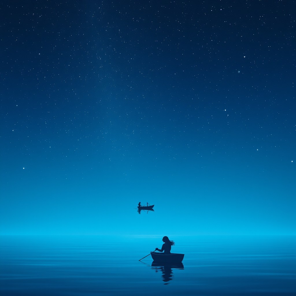 A peaceful scene featuring a star-filled night sky above a calm ocean, with a single distant rowing boat gently gliding over the water