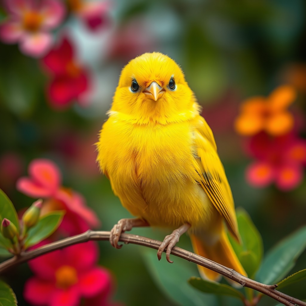A delightful portrait of a bright yellow canary with captivating black eyes, sitting gracefully on a thin branch