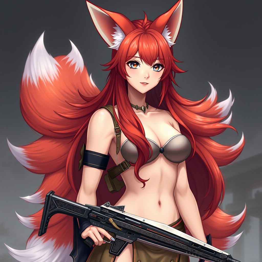 A beautiful female kitsune inventor standing confidently, featuring stunning fox ears and nine luxurious bushy tails flowing elegantly behind her