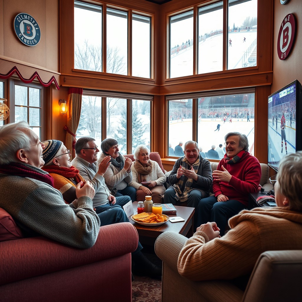 A lively scene of a group of cheerful pensioners watching a hockey game in a cozy living room