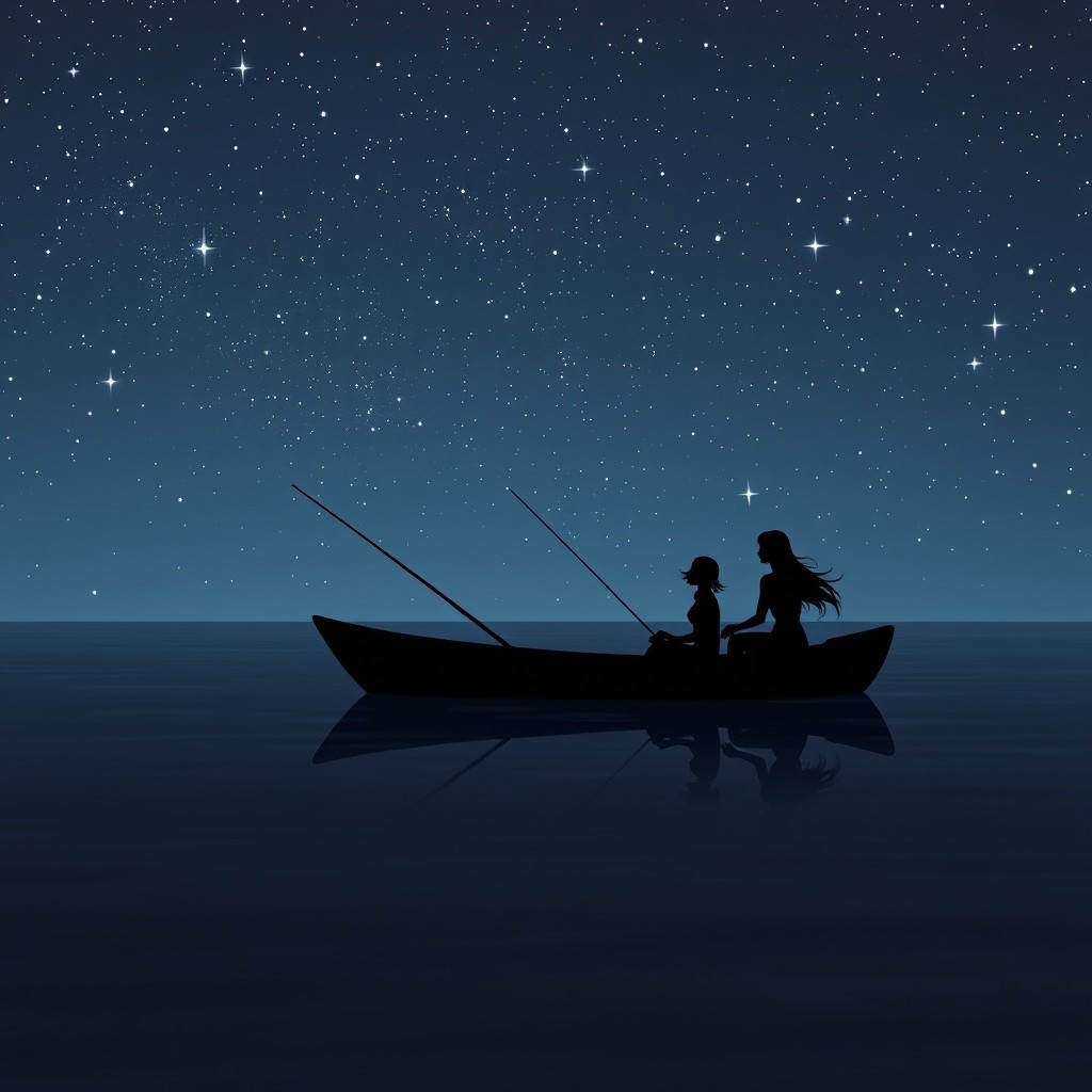 A captivating scene depicting a star-filled sky above a calm ocean, featuring a single rowing boat gently floating on the water
