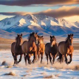 A group of wild horses running free in the prairie with snow-capped mountains in the distance under a vibrant sunset sky.