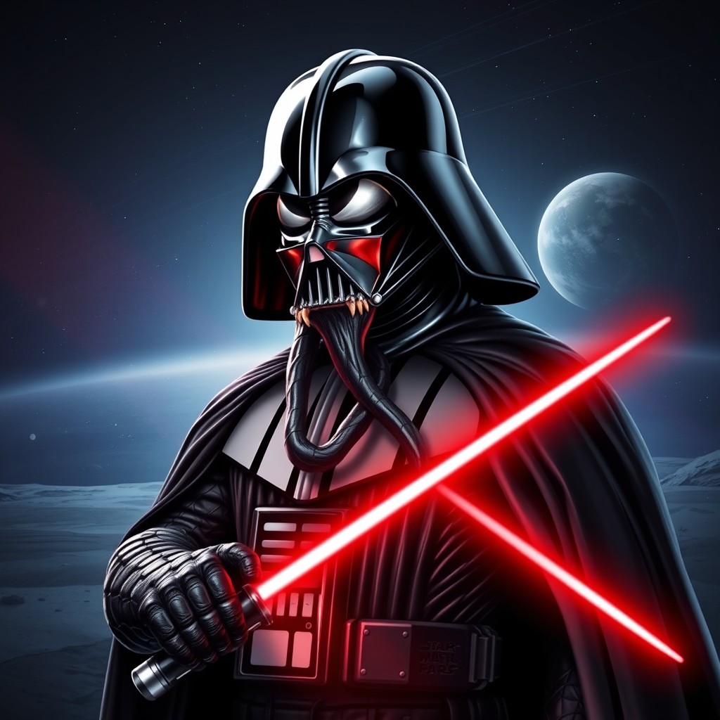 A unique character fusion of Darth Vader and Venom, featuring the imposing figure similar to Darth Vader with a glossy black symbiote skin, intertwining and flowing like goo