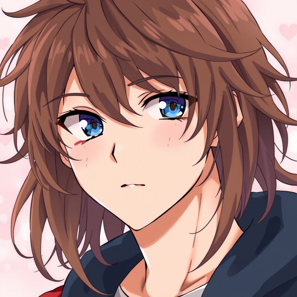 An anime character depicted as a handsome young man with messy longish brown hair that falls down to his neck and striking blue eyes