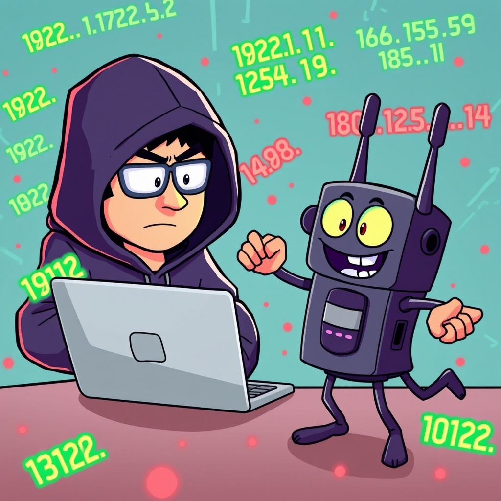 A vibrant and entertaining cartoon scene in a 16:9 aspect ratio featuring a determined hacker in a dark hoodie trying to breach a network on his laptop