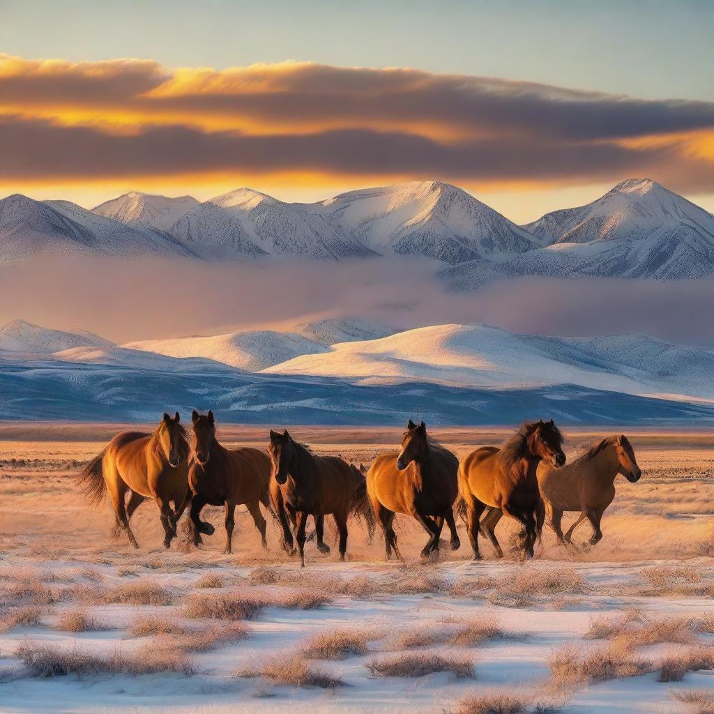 A group of wild horses running free in the prairie with snow-capped mountains in the distance under a vibrant sunset sky.