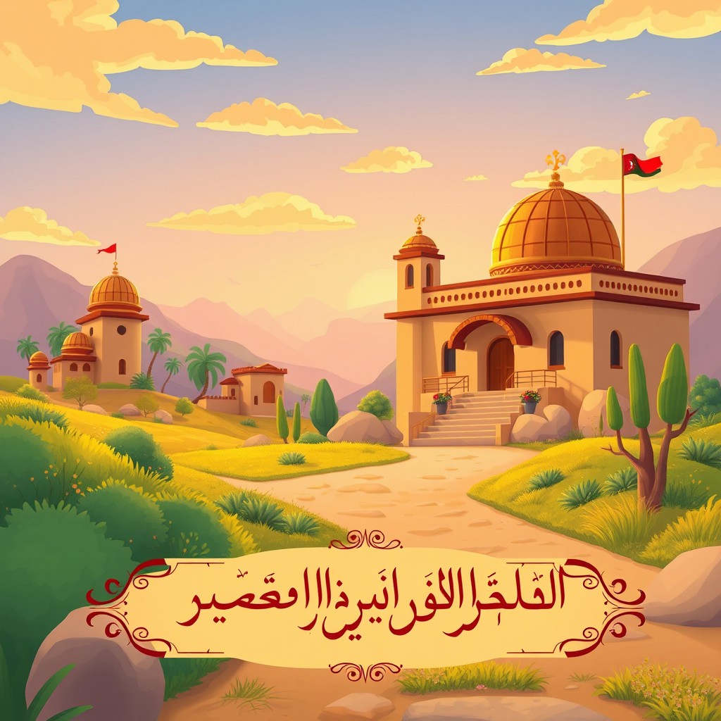 A vibrant and welcoming landscape scene depicting the arrival of a character named Adel Al-Naimiyat, son of the Al-Mousa family, in Jordan with joyful atmosphere