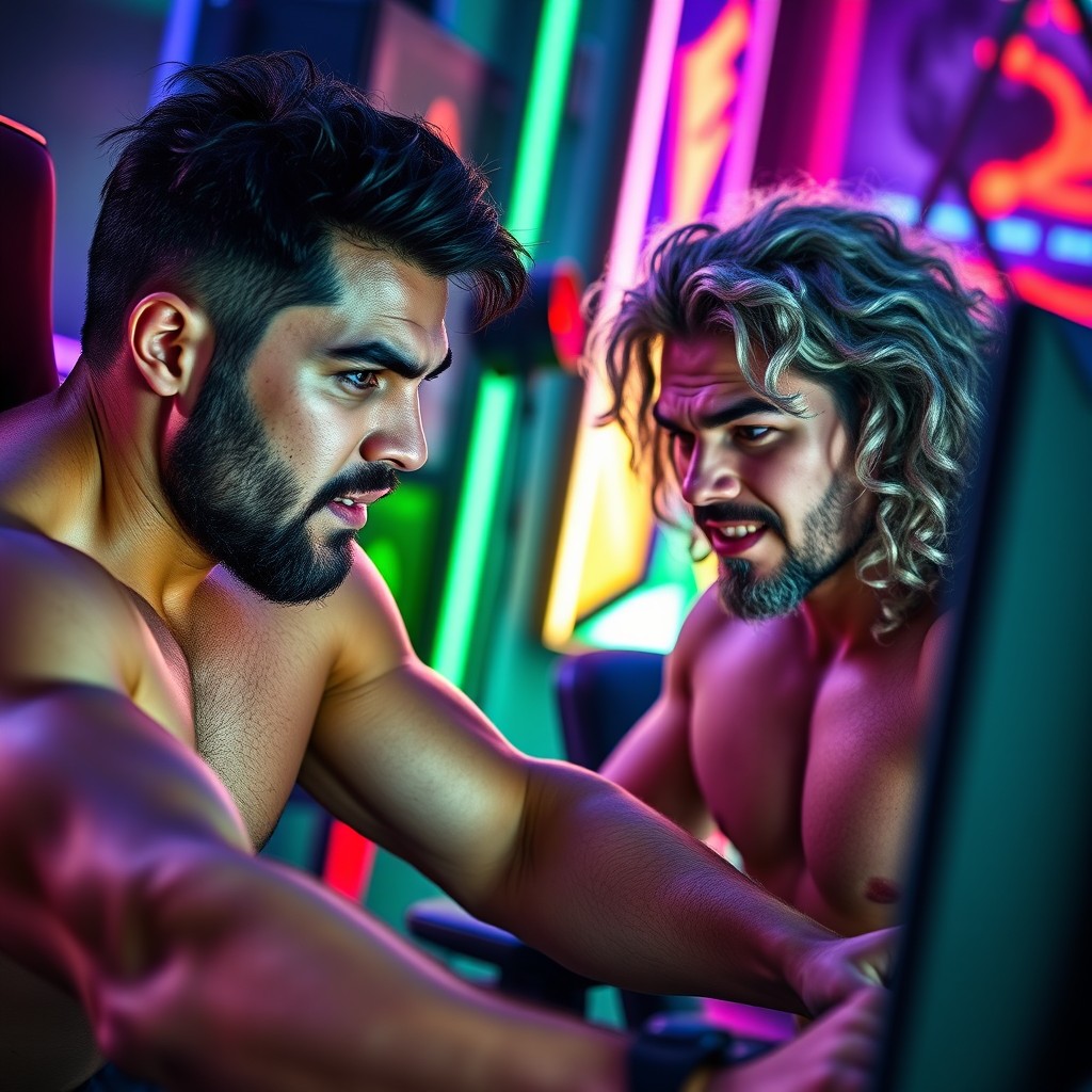 Two muscular guys engaged in speed gaming