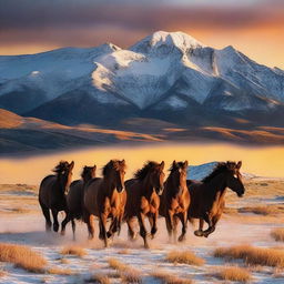 A group of wild horses running free in the prairie with snow-capped mountains in the distance under a vibrant sunset sky.