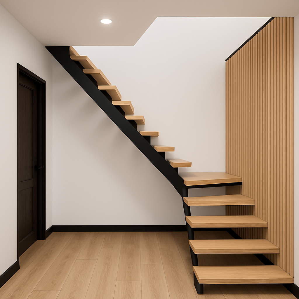 Apartir desta imagem e da descrição abaixo cria uma imagem o mais fiel possível: O espaço teria uma escada com estrutura central (viga única) em preto, similar à da terceira imagem, mas com um design mais minimalista. Os degraus seriam em madeira de carvalho natural, criando um contraste elegante com a estrutura preta. A parede de fundo teria o painel ripado acústico White Oak com base preta (como mostrado na primeira imagem), proporcionando não apenas um elemento estético interessante, mas também tratamento acústico. O piso seria o vinílico com aparência de madeira natural (como mostrado na segunda imagem), oferecendo a praticidade do vinílico com a estética de madeira real.

Essa combinação criaria um espaço contemporâneo com elementos naturais quentes (madeira) e toques modernos (estrutura preta), além de proporcionar bom conforto acústico.