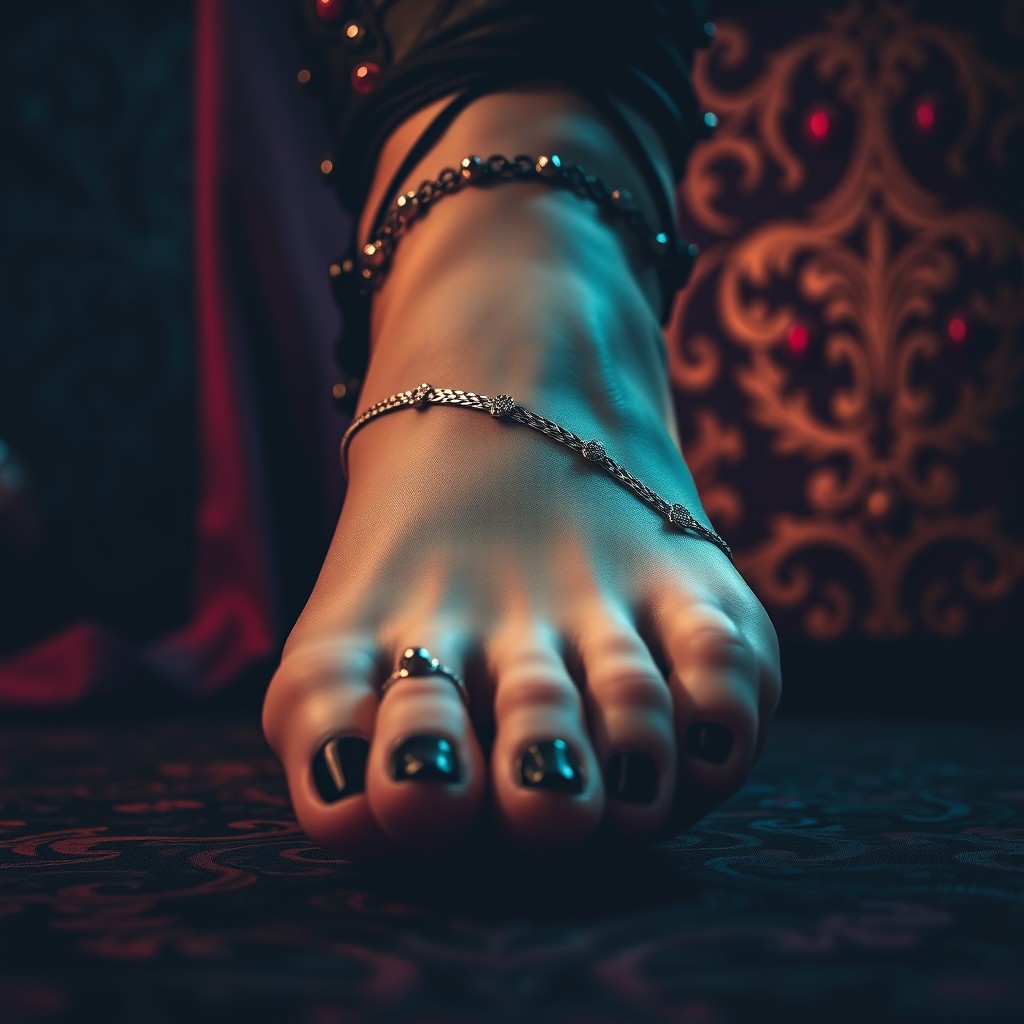 A gothic themed image focused on a stylized foot adorned with dark and intricate accessories