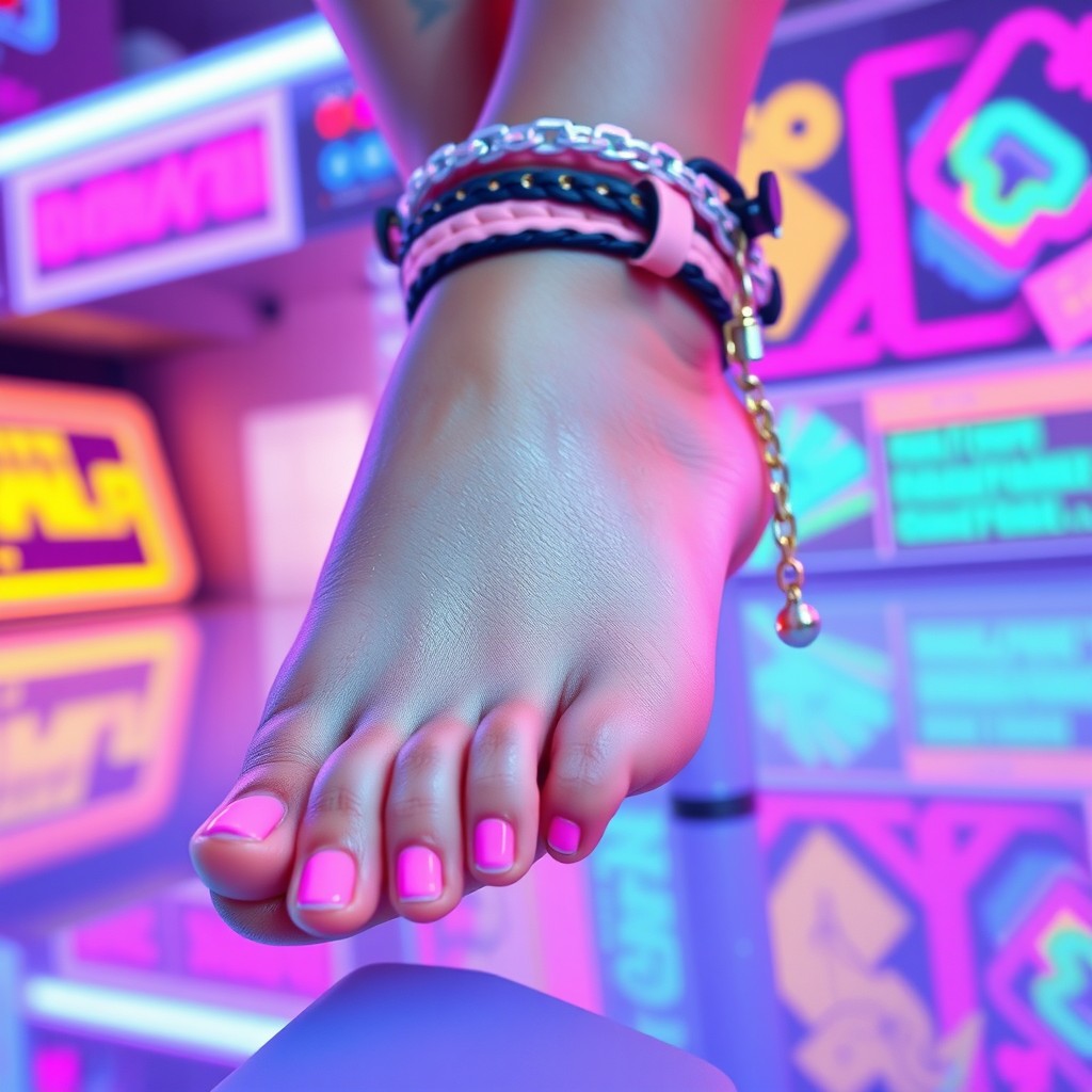 A trendy e-girl aesthetic featuring a stylish foot, showcasing vibrant nail art in shades of pastel pink and black