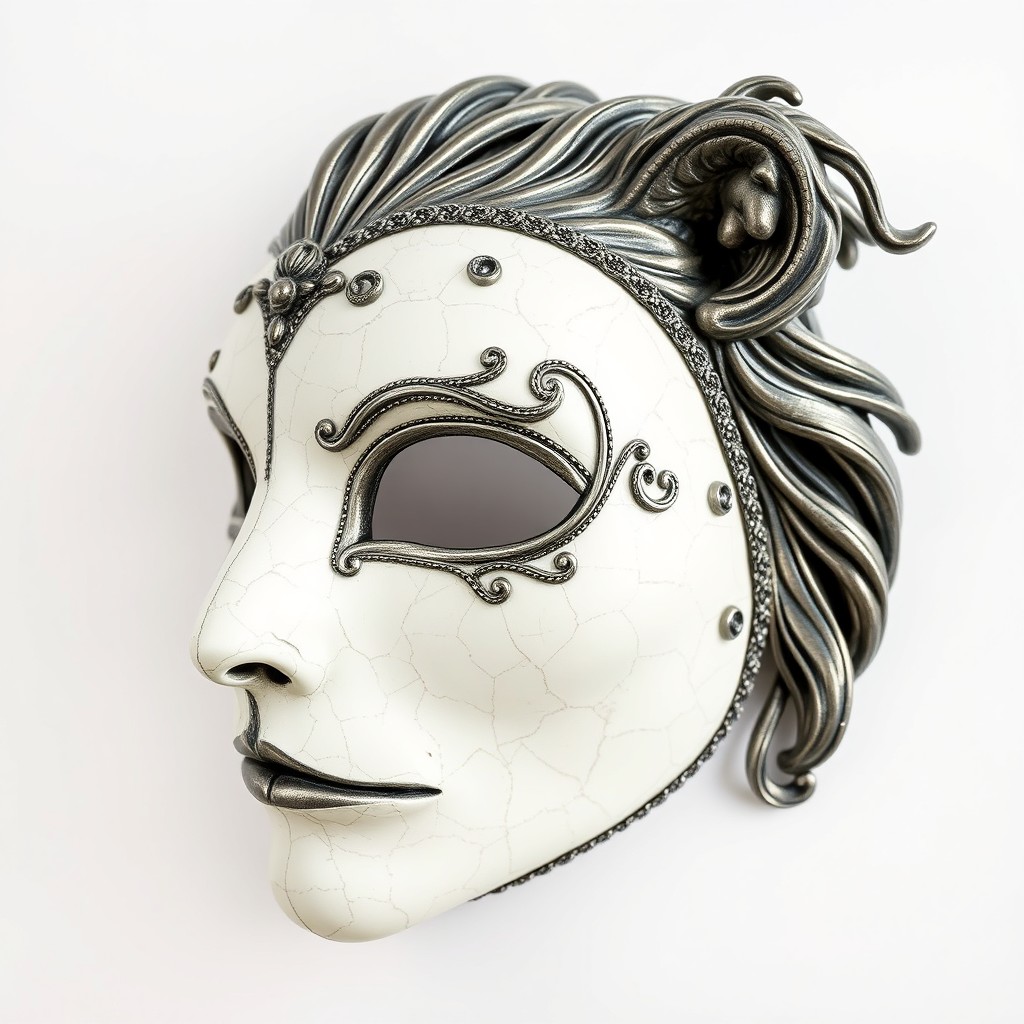 A front view of a Venetian-style half-mask that covers only the right side of the face, from the eye to the temple and part of the forehead, leaving the nose, mouth, and left side fully exposed