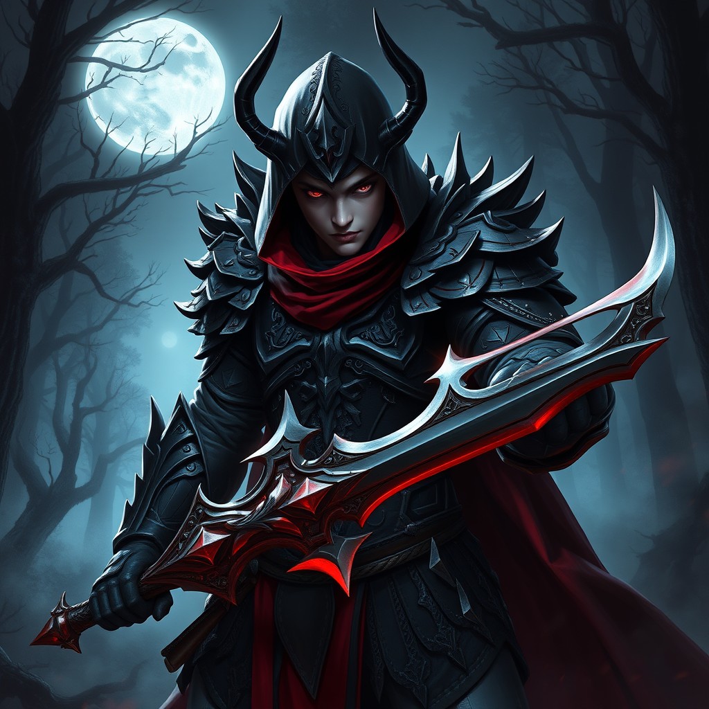 A fierce warrior known as the Blood Night Hunter TRoX, clad in intricate, dark armor adorned with crimson accents