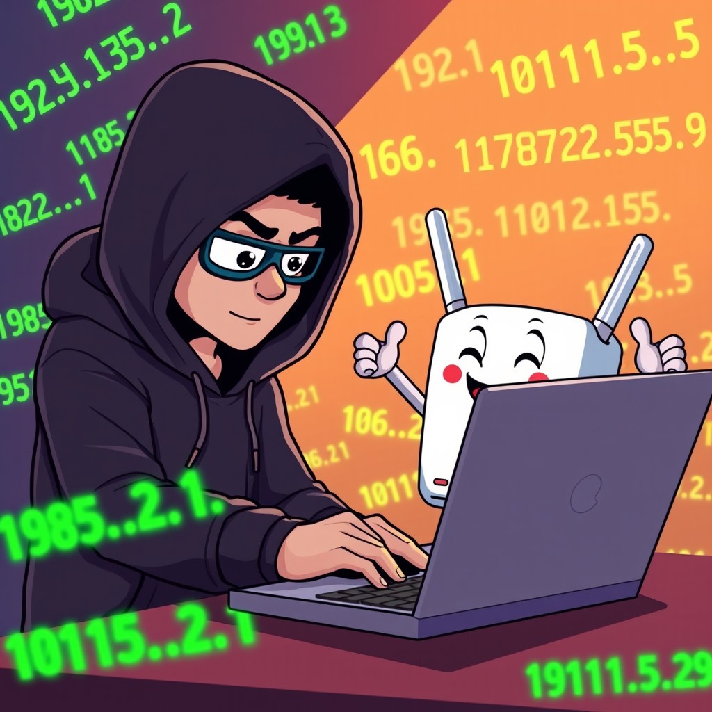 A vibrant and humorous cartoon scene in a 16:9 aspect ratio, showcasing a hacker in a dark hoodie, intensely focused on his laptop as he tries to infiltrate a network