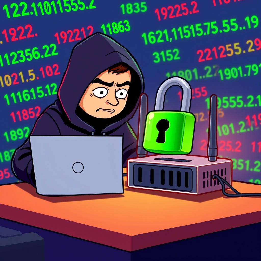 A vibrant cartoon scene in a 16:9 aspect ratio depicting a frustrated hacker in a dark hoodie attempting to infiltrate a network on his laptop