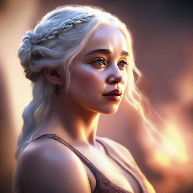 A high-quality digital art image presenting Daenerys from Game of Thrones in a sensual moment, her hand gently reaching out