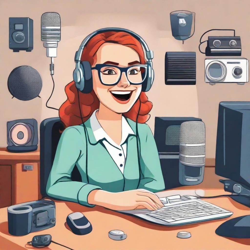 A nerdy girl with glasses enthusiastically hosting a podcast, surrounded by professional podcasting equipment.